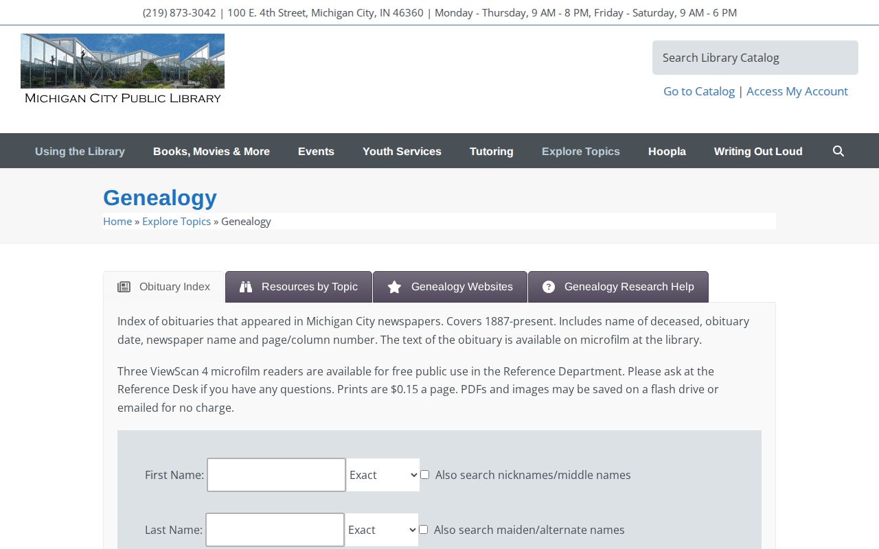 Michigan City residents directory obituary and genealogy resources