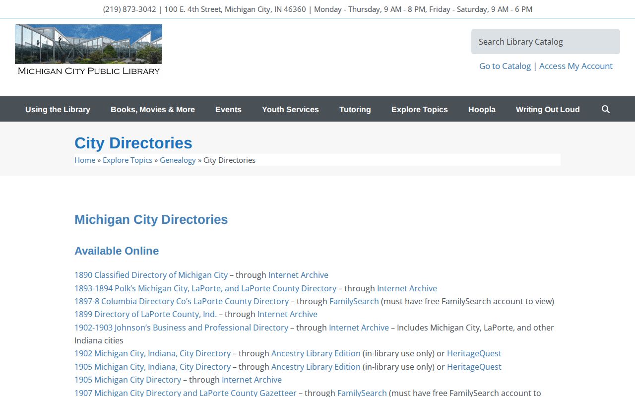 Michigan City Public Library list of historical city directory years
