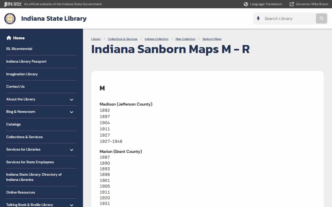 Indiana State Library list of Michigan City Sanborn fire insurance map years